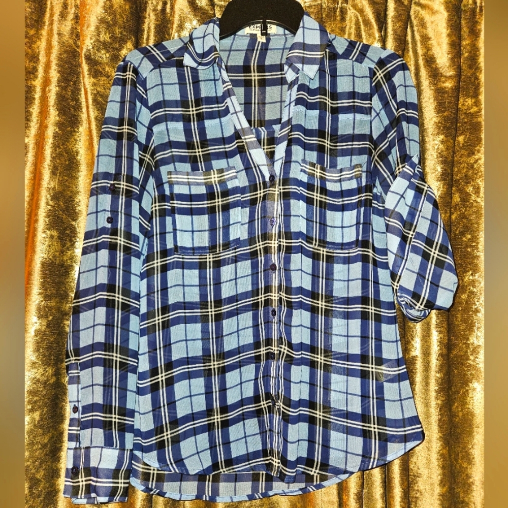 Express Portofino Sheer Plaid Button-Down Blouse